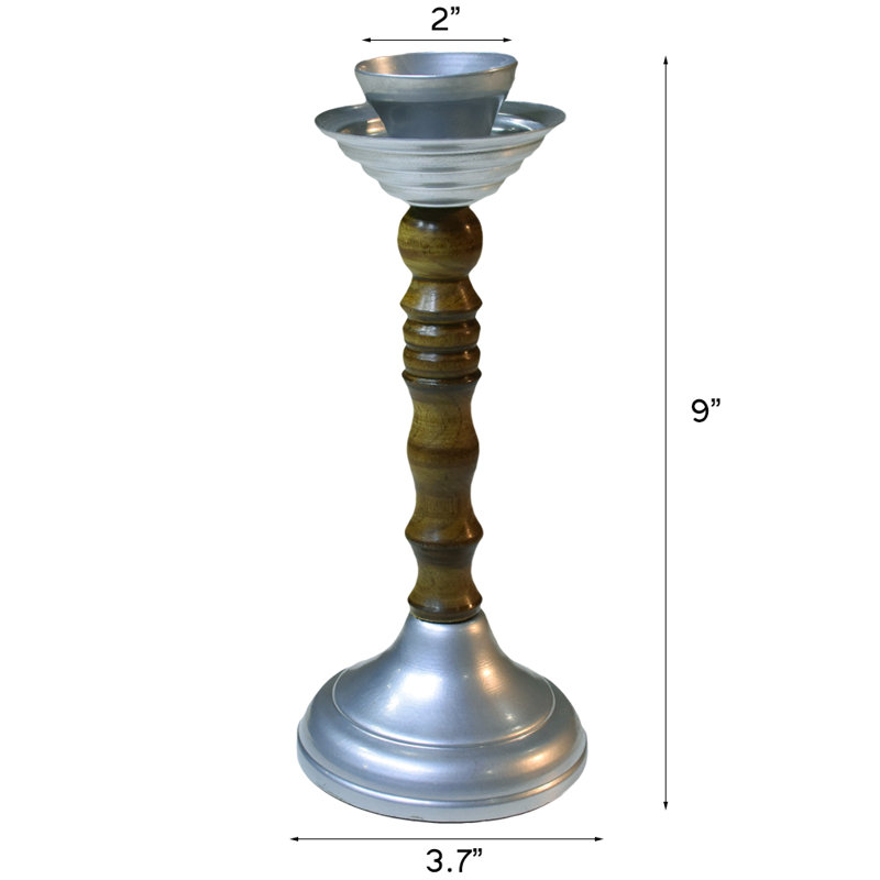 9'' H Tabletop Candlestick, Silver/Brown, 3.5" H x 3.7" W x 3.7" D