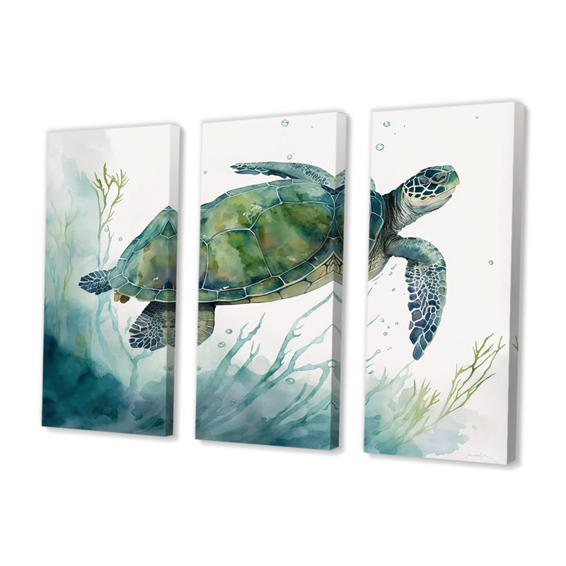 Tortue aquarelle nageant II - 3 pièces sur toile, H 20 po x l 36 po x P 1 po, Toile tendue