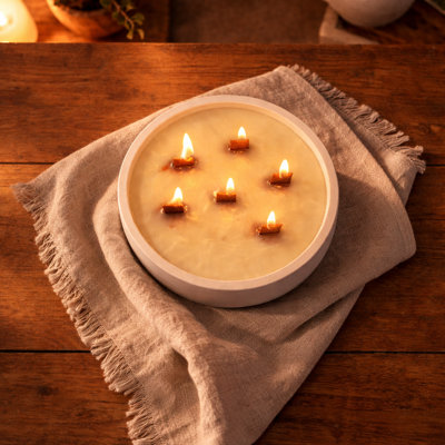 Extra Large Soy Wax Candle in a Handcrafted White Concrete Vessel, Horizontal Multi-Wick Design, 6.7 inches Diameter