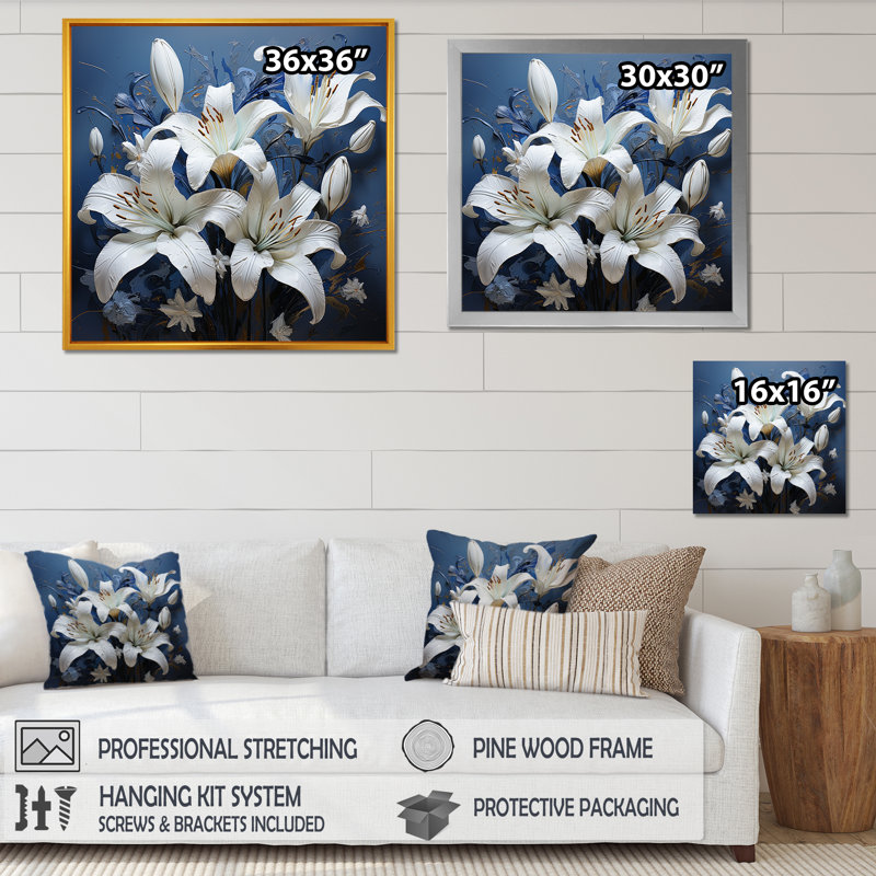 «White Lily Blue Pure Beauty Charm II», reproduction sur toile, Cadre flottant doré, H 30 po x l 30 po x P 1 po