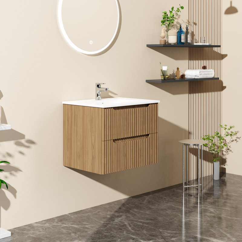 Meuble-lavabo mural 24 po avec lavabo à cuve blanche - Design flottant, finition noyer, peu encombrant pour une salle de bain moderne - Mobilier de salle de bain