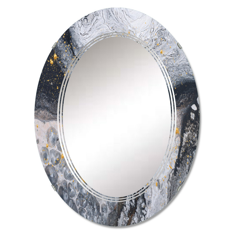 Vagues d'art en marbre noir et or - miroir mural moderne ovale, 30 po x 20 po