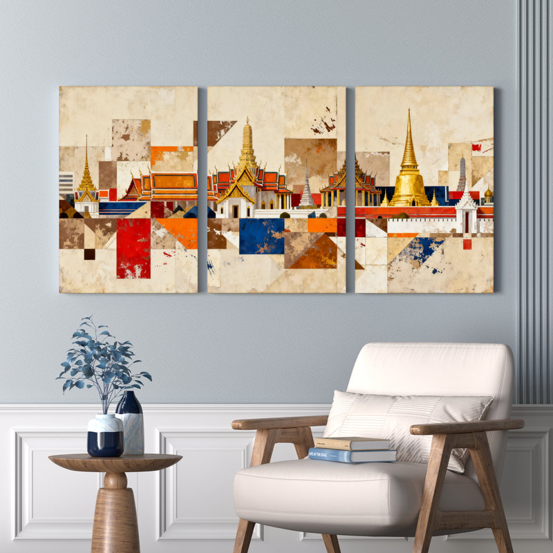 Tableau abstrait en toile tendue sur châssis, représentant un temple thaïlandais (lot de 3), H 36 po x l 72 po