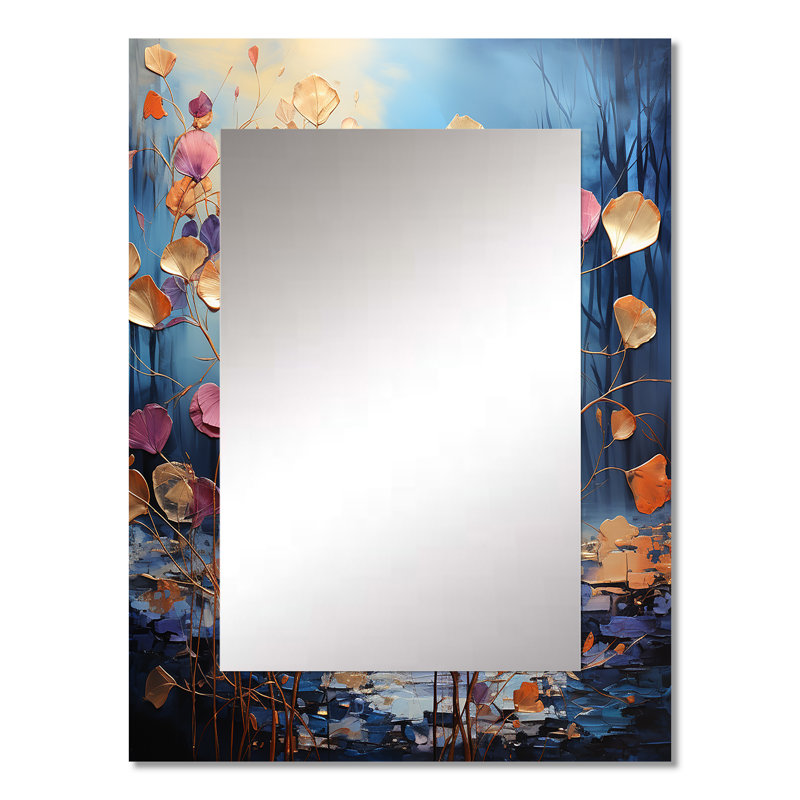 Gold And Blue Leaves Charm In Winter - Leaves Decorative Wall Mirror, Traditional Mirror, Printed Metal Art, 32" x 24"