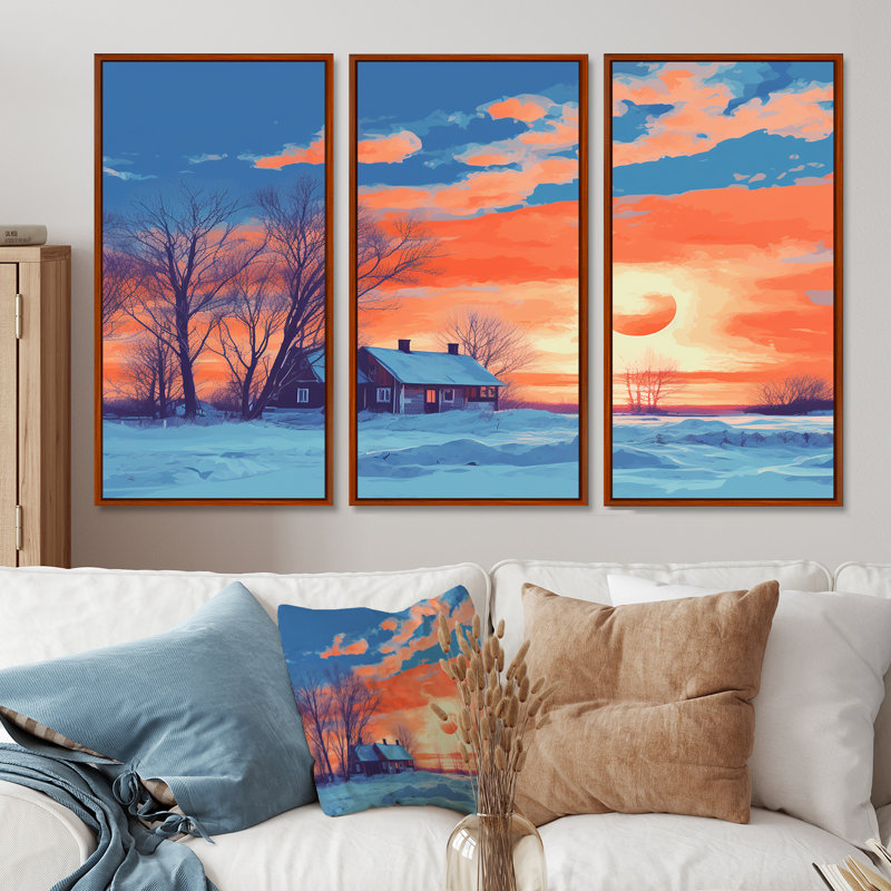 Coucher de soleil rouge sur une maison de campagne enneigée - ensemble de salon d'art mural paysage, Cadre flottant brun