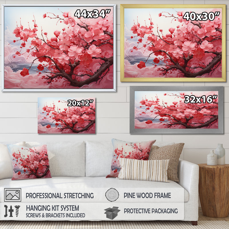 «Pink Blossom Cheery Tree Wind II», art mural cerise, H 16 po x l 32 po x P 1 po, Cadre de coin blanc fermé