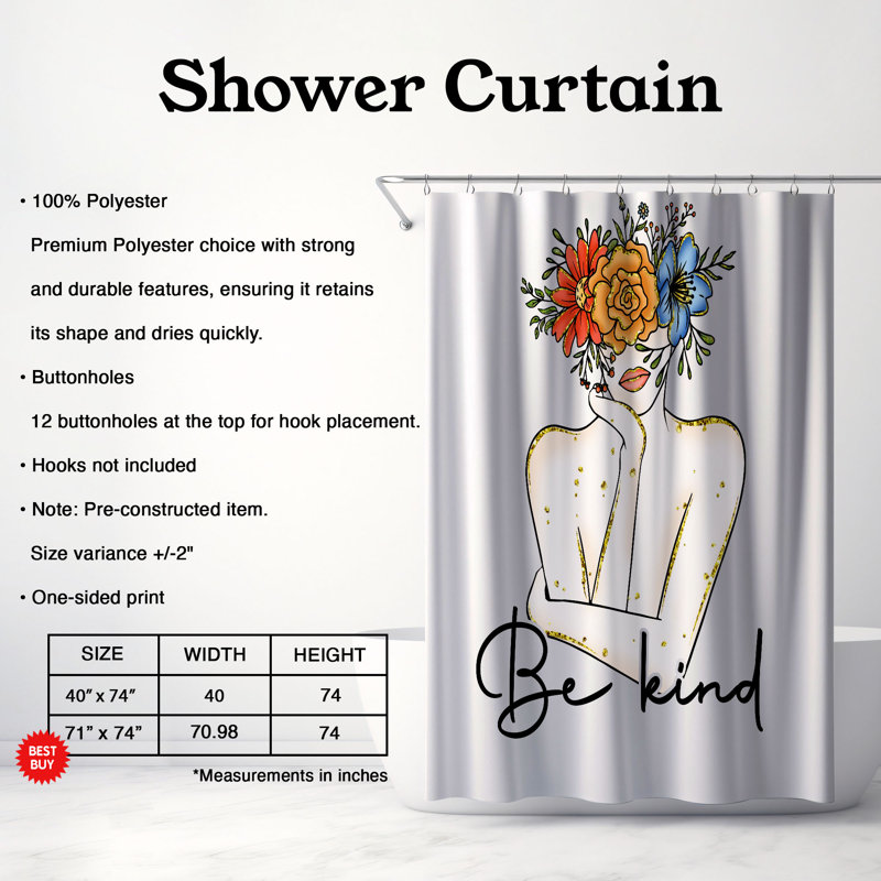 Rideau de douche standard 1 pièce Blossoming Kind Words, H 74 po x l 71 po