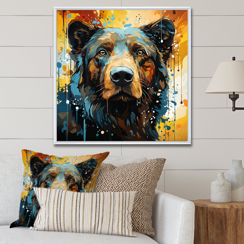 Portrait d'ours bleu et jaune - impressions encadrées d'ours, Cadre flottant blanc, H 30 po x l 30 po x P 1,5 po