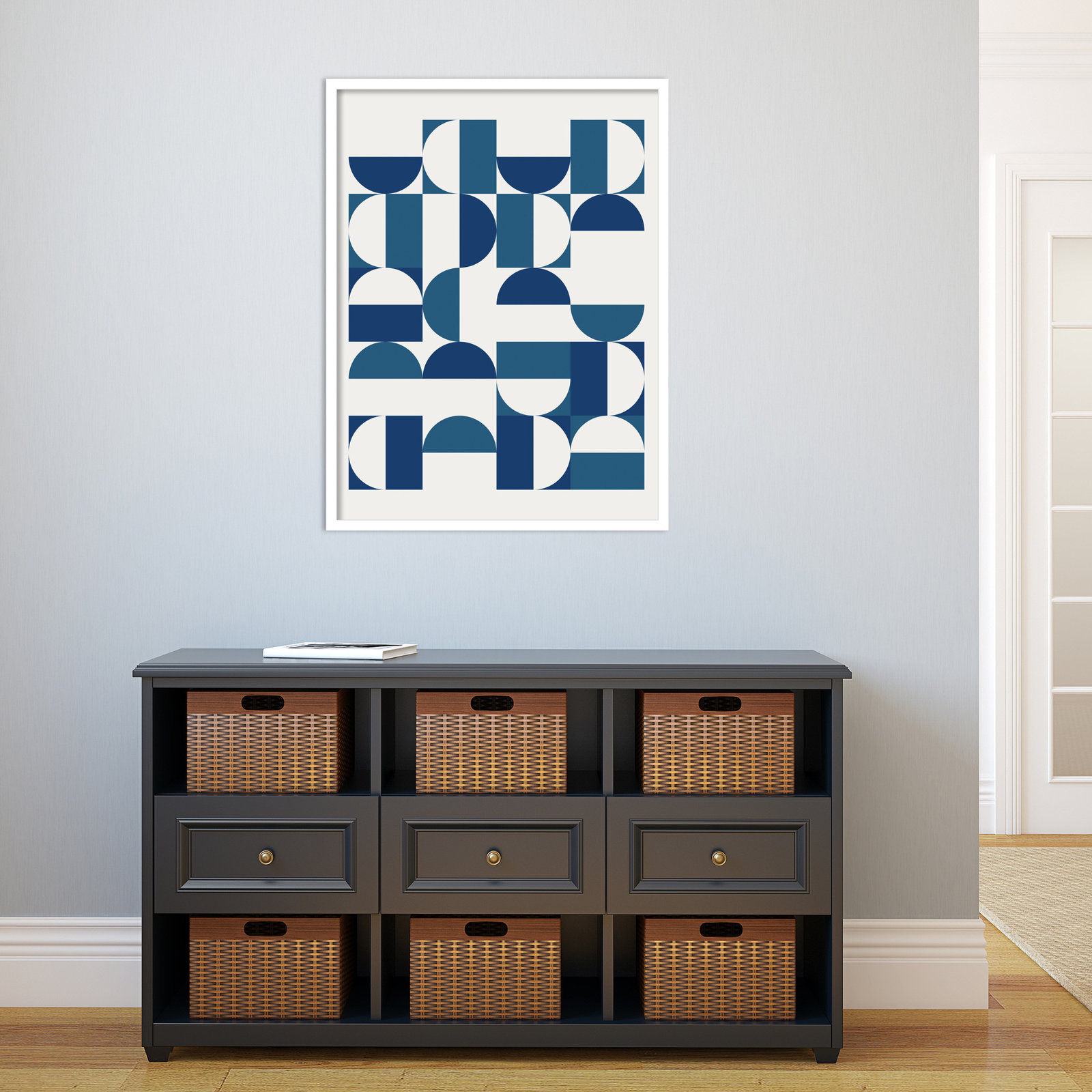 Bauhaus Geometric Blue and Teal Print, White, 33" H x 25" W x 1" D