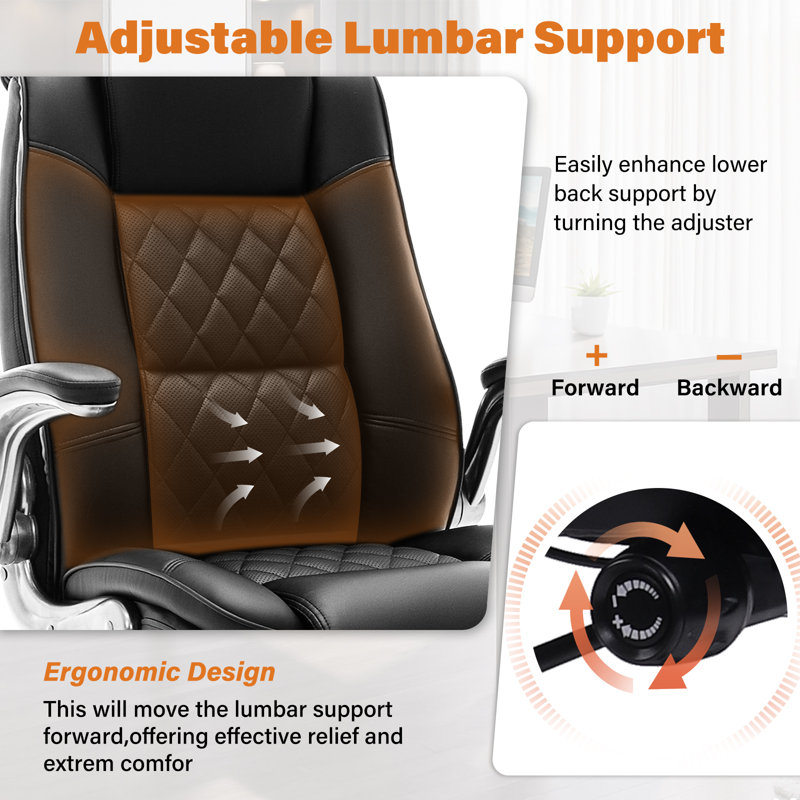 High Back Executive Office Chair with Adjustable Lumbar Support, Flip-Up Padded Arms, Thick Spring Cushion, Faux Leather Swivel Desk Chair with Wheels, 350 lbs Capacity
