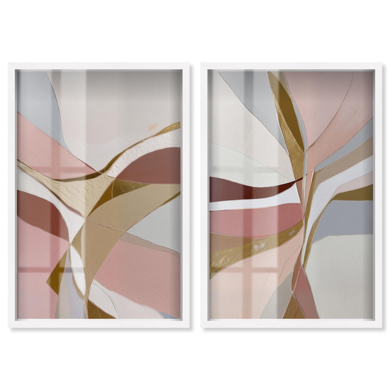 Ensemble d'art abstrait bohème « Gold Split Duo Shadowbox » par Art Remedy, cadre noir, 10 x 15, Cadre blanc