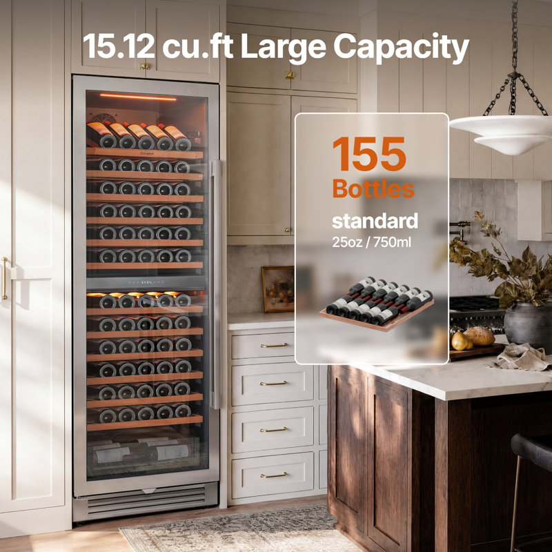 15.1 Cu. Ft. Dual Zone Wine Cooler with 155-Bottle Capacity, Built-In or Freestanding, Left Swing Door, Inverter Compressor