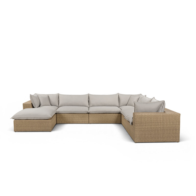 Grand canapé modulaire d'extérieur Cali en tissu gris clair et osier brun