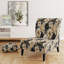 Fauteuil crapaud de style campagnard, recouvert de velours, motif chrysanthèmes bleus et beiges, fauteuil d'appoint beige