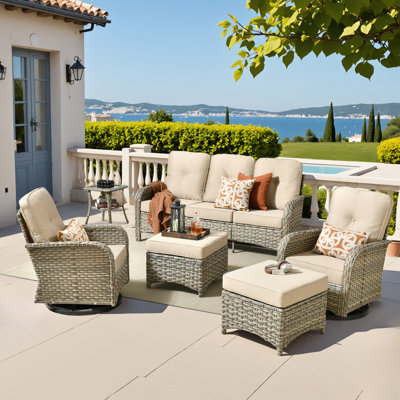 7 - Person Patio Furniture Set With Swivel Rocker, Outdoor Wicker Rattan High Back Seating Group With Cushions, All Weather Sofa Conversation Set  For Garden Backyard