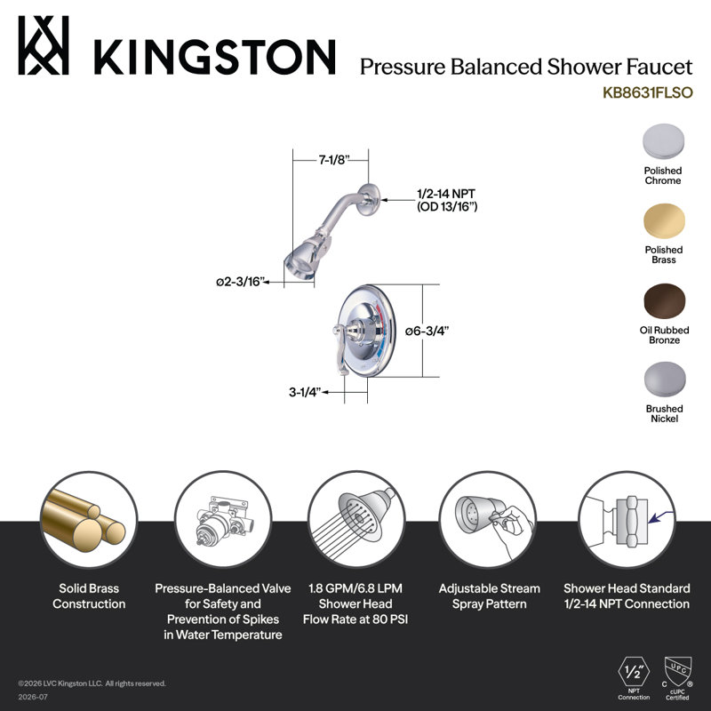 Kingston Brass Royale Single-Handle Pressure Balanced Shower Faucet, Brushed Nickel