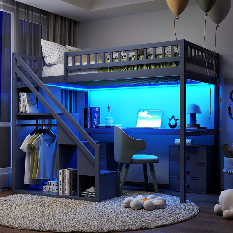Lit mezzanine simple avec deux commodes, bureau et bande lumineuse, Gris