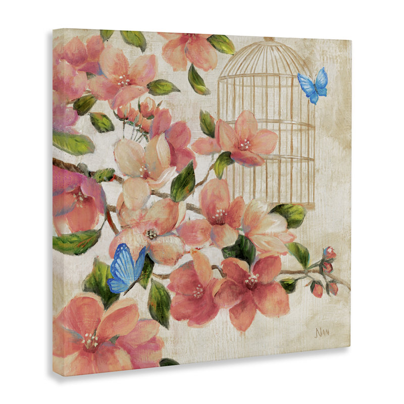 Toile de printemps avec fleurs rouges, design par Nan, H 30 po x l 30 po