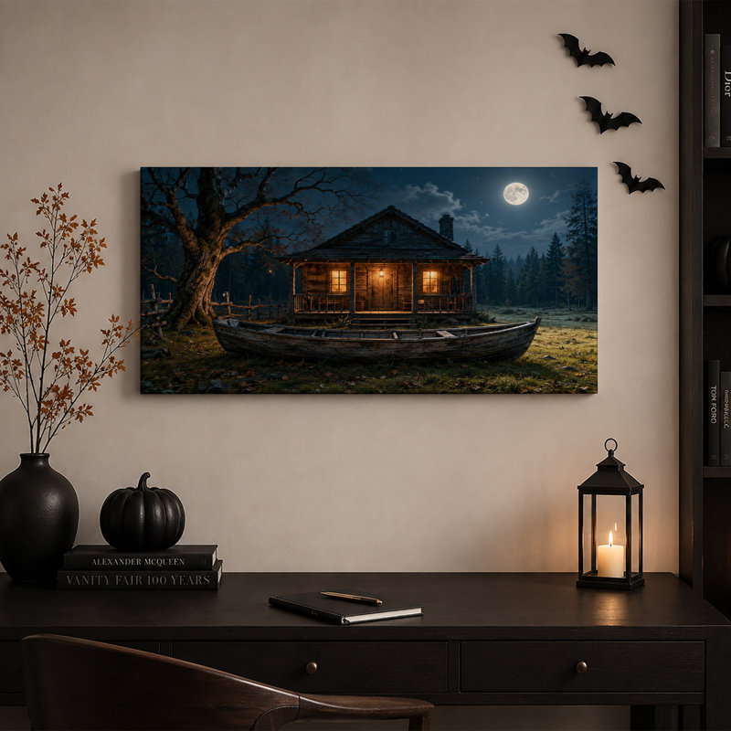 Cabane rustique en bois sous la pleine lune avec bateau - Toile murale d'Halloween, L 32 po x H 16 po