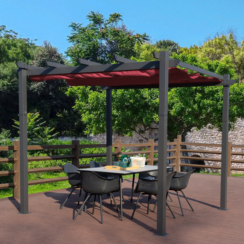 Burgundy Aluminum Outdoor Pergola with Retractable Canopy, 10 ft. x 10 ft.