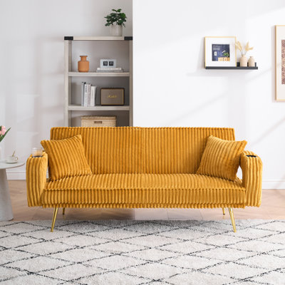74.01" Corduroy Sofa with 3-position Adjustable Backrest, Cup Holders on Armrests and 2 Throw Pillows