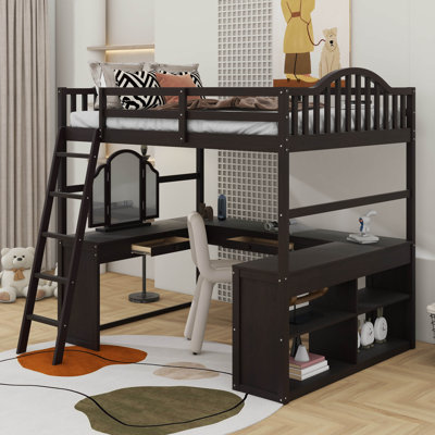 Lit mezzanine double en bois avec bureau en U