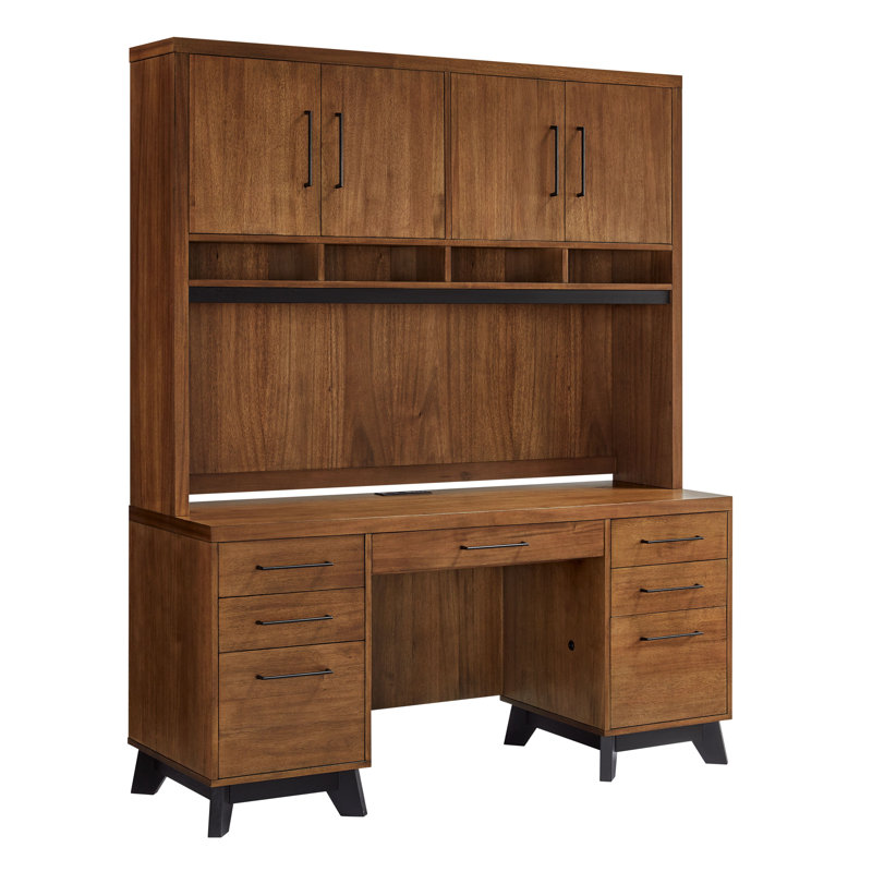 Annakiya Modern Wood Hutch With Doors, Storage Hutch, Modern Wood Desk, Office Writing Table, Credenza, Office Storage, Fully Assembled, Rich Medium Brown