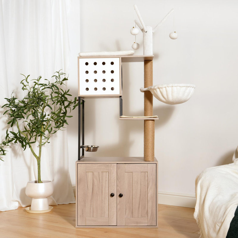 Arbre à chat avec bac à litière - maisonnette pour chat moderne avec poteaux à griffer, bol d'alimentation et bâtons de pompons amovibles