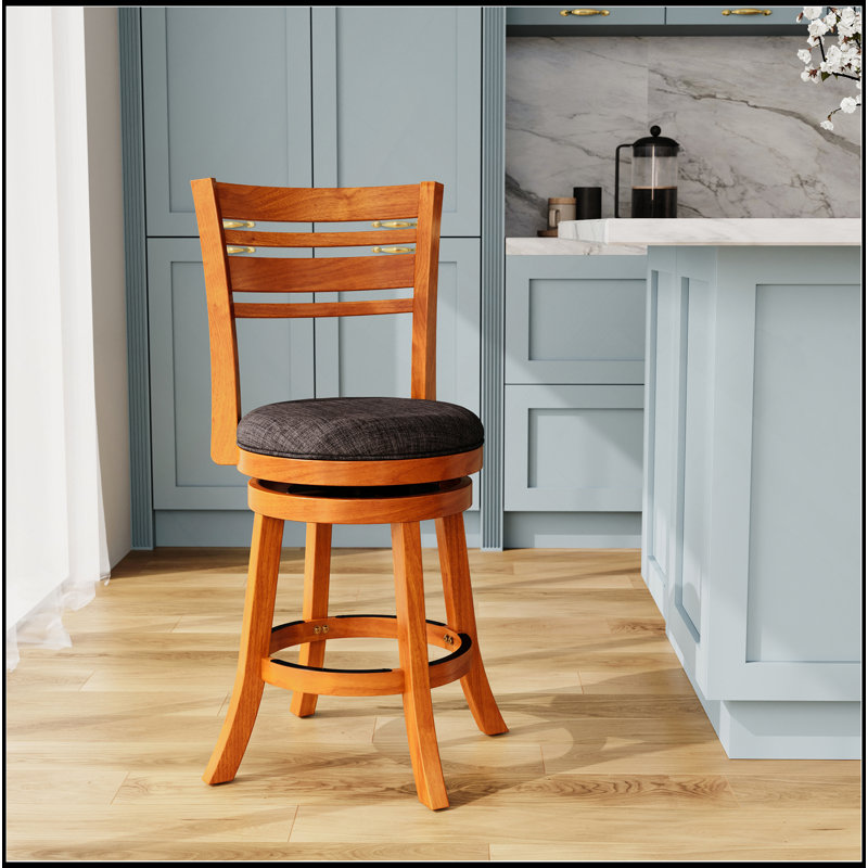 Tabouret pivotant à dossier et à lattes à hauteur de comptoir 24 po, siège en tissu, Noir, Naturel