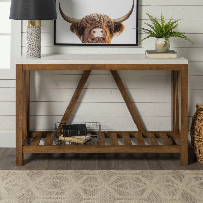 Table d'entrée Farmhouse à structure en A avec tablette inférieure - faux marbre blanc