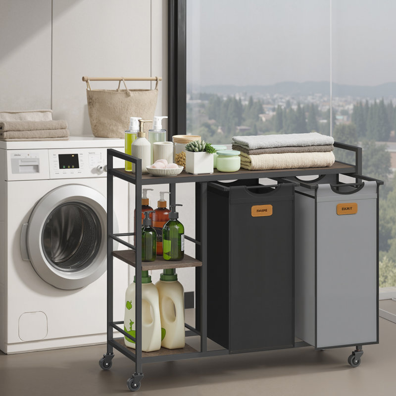 Metal Rolling Laundry Basket with Handles,  Chestnut Brown/Ink Black/Dove Grey