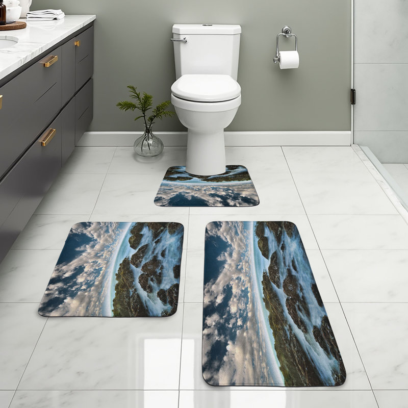  Ocean Bathroom Rug Set 3 Pieces U-Shape & Rectangle Mats Off White Sea Blue Grey