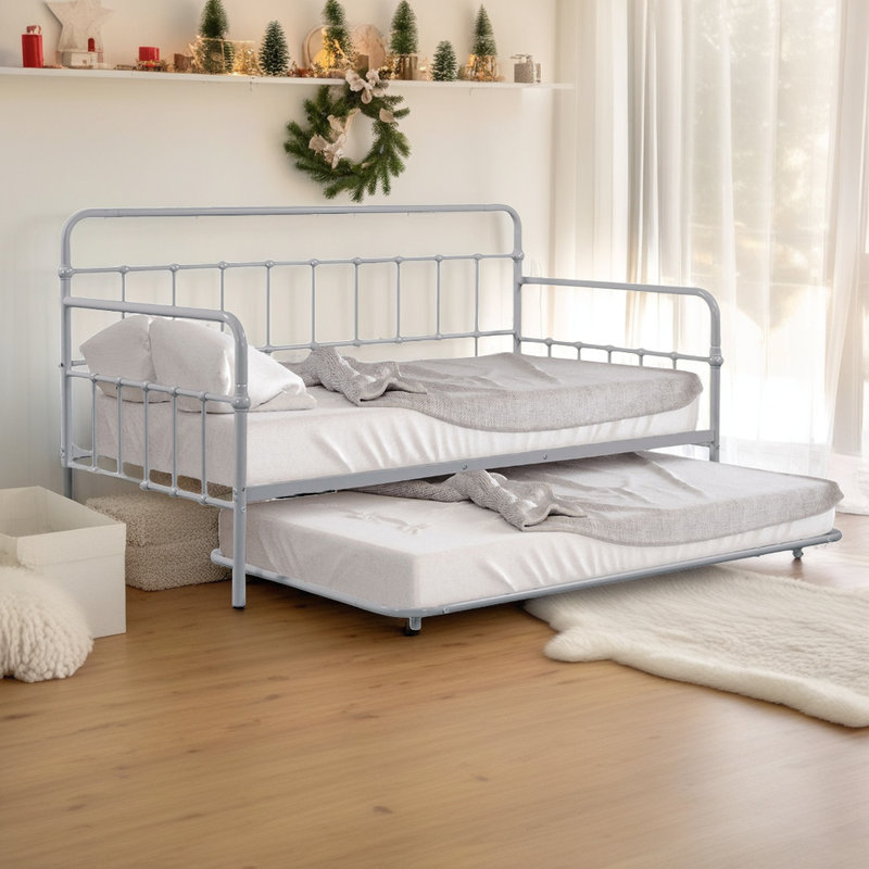 Lit de jour double en métal avec couchette - Conception de tuyaux industriels - Prêt pour les matelas, Argent argent