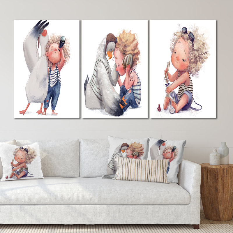 Petite fille avec Albatros I - ensemble d'art pour enfants 3 pièces, H 36 po x l 72 po x P 1 po