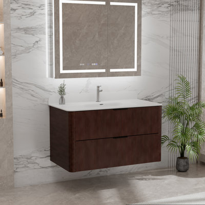 Meuble-lavabo mural moderne 36 po (2 tons) - Lavabo en acrylique, coins arrondis et tiroirs organisés