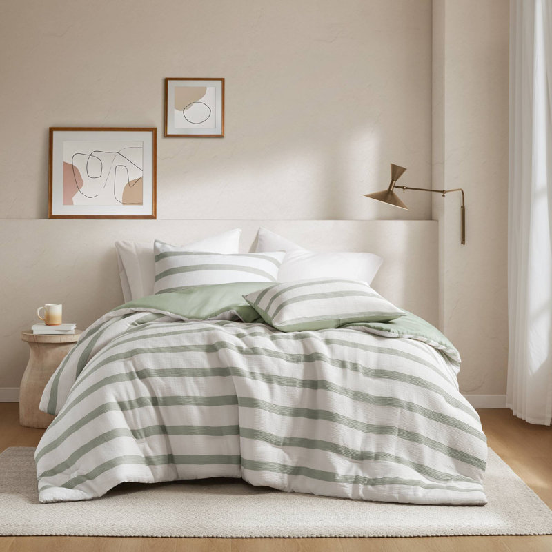 Ensemble de literie moderne vert sauge teint en fil, édredon double / grand avec rayures minimalistes