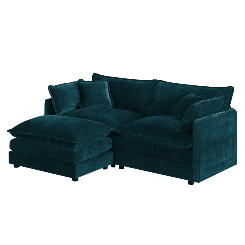 Comfy L Shaped Modular Coush Loveseat Sofa With 1 Ottoman, Blue Chenille