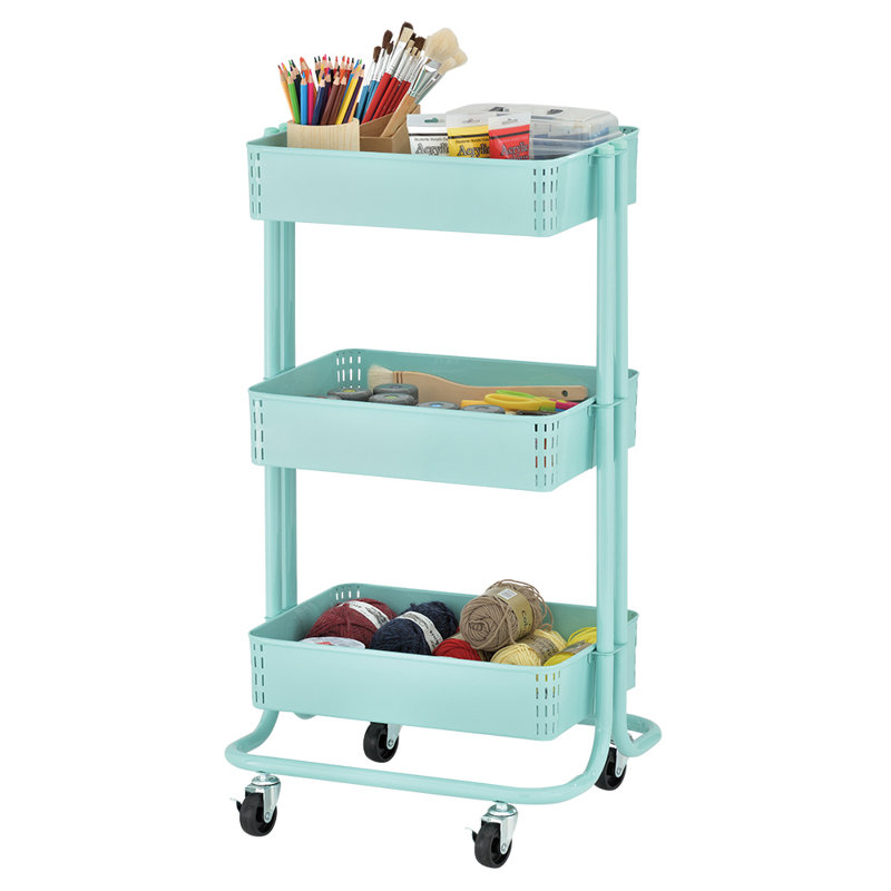 Teal 3-Tier Metal Rolling Utility Cart with Mesh Baskets