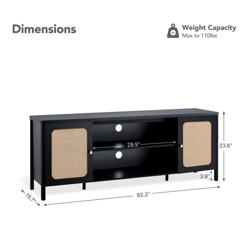 Boho TV Stand with Rattan Doors and Open Storage for TVs up to 70" , Black