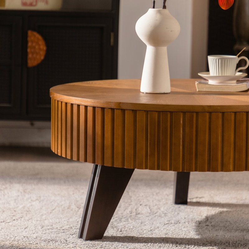 Table basse ronde rétro avec rangement, finition naturelle pour le salon et le bureau, L 31,5 po, Naturel
