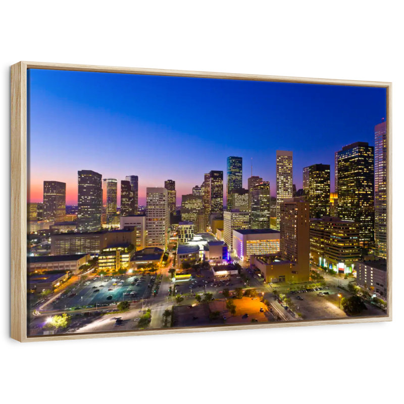 Houston crépuscule ciel, 31 po x 21 po, Cadre flottant en bois naturel