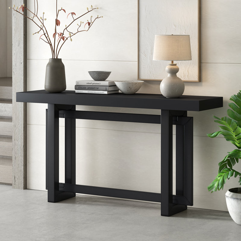  Contemporary Console Table With Wood Top, Extra Long Entryway Table For Entryway, Black