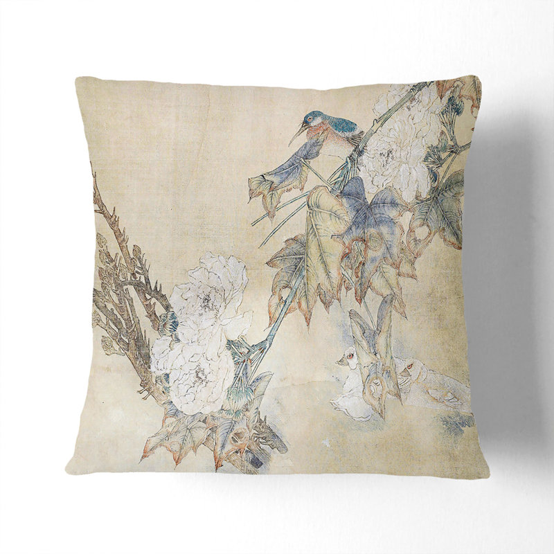 Bird & Peony Flowers Square Throw Cushion, 55 x 55 cm, White