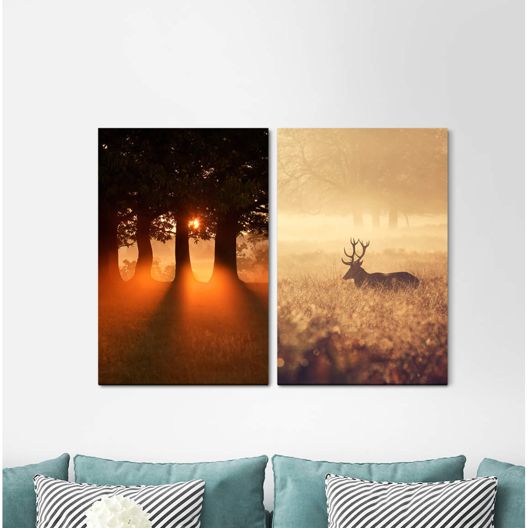 2-tlg. Leinwandbilder-Set - Grafikdruck „Forest Light Rays Deer Forest Spirit Warm Light Trees Peaceful”