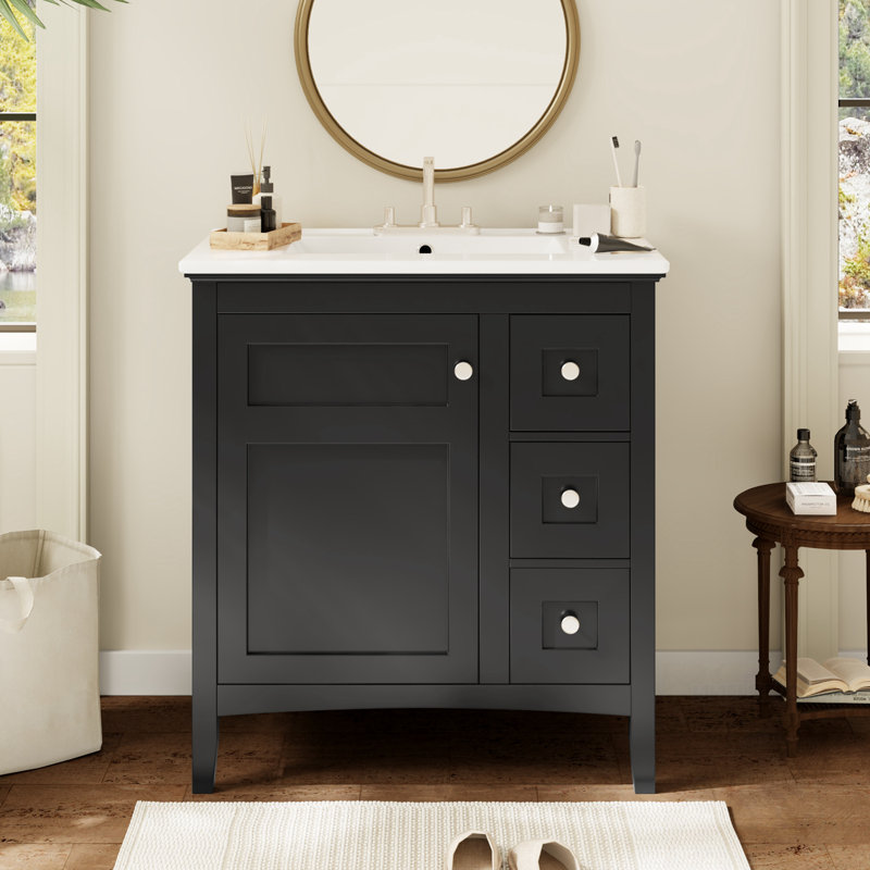 Meuble-lavabo avec lavabo, tablette de porte et 3 tiroirs, Noir