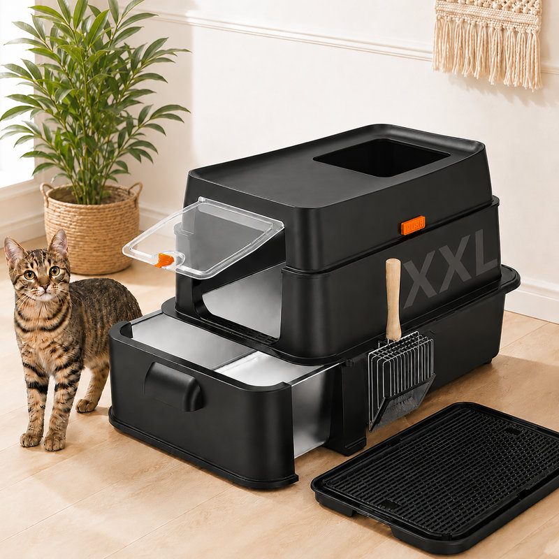  Litière pour chat en acier inoxydable avec tiroir, très grand, noir, Noir