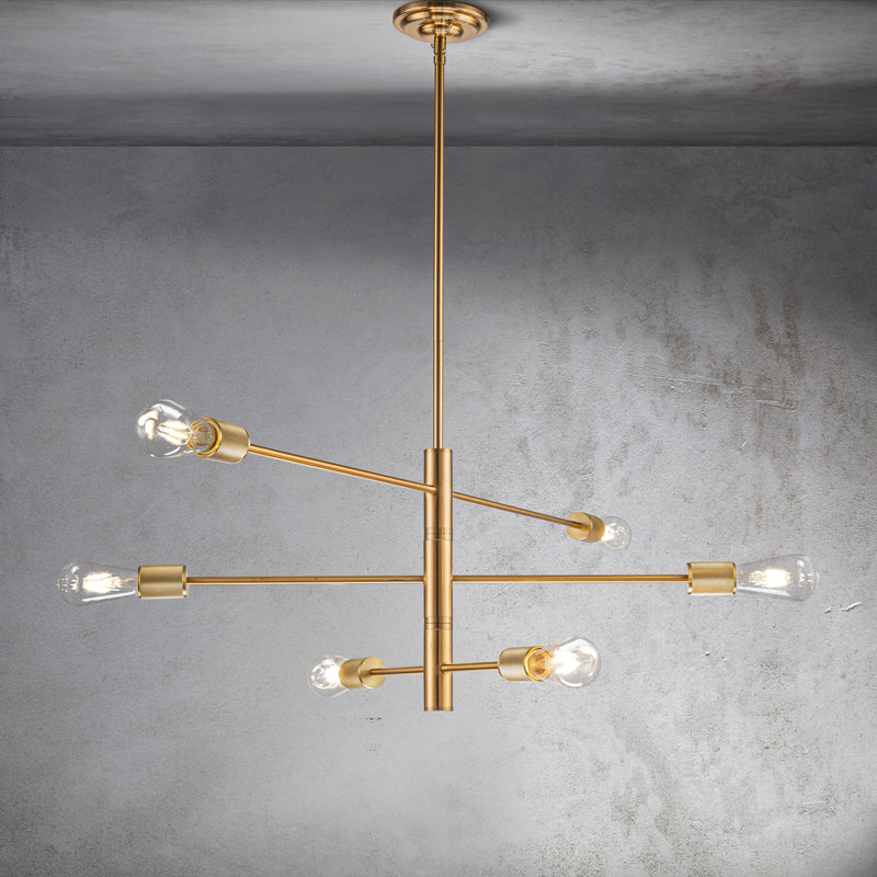 Luminaire industriel Spoutnik de style lustre linéaire en laiton 6 lumières Foresti