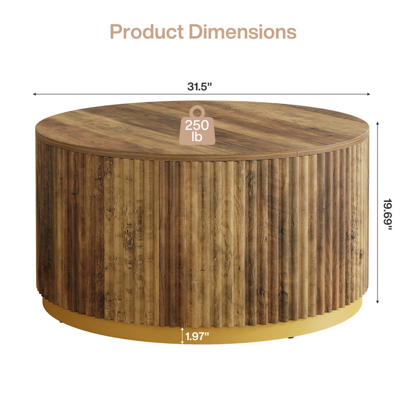 31.5'' Round Fluted Coffee Table with Drum Base, Wooden Center Tables for Living Room, Rustic Brown