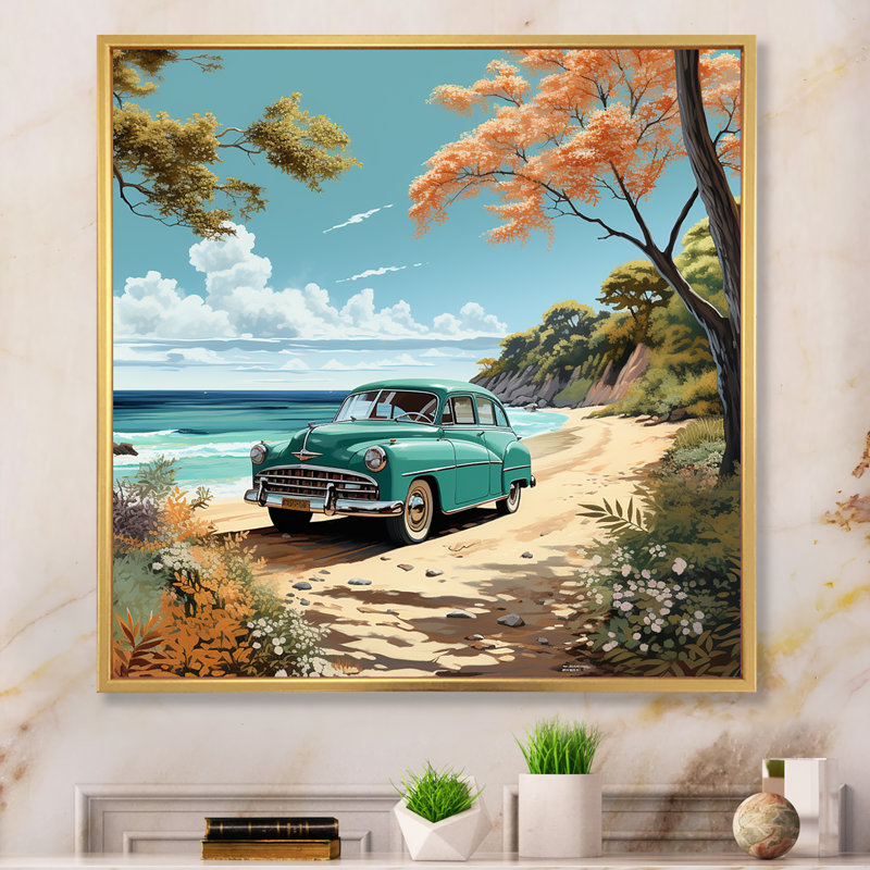 Vintage Oldtimer Classic Turquoise Car Beachside sur impression sur toile, H 24 po x l 24 po x P 1 po, Cadre flottant doré
