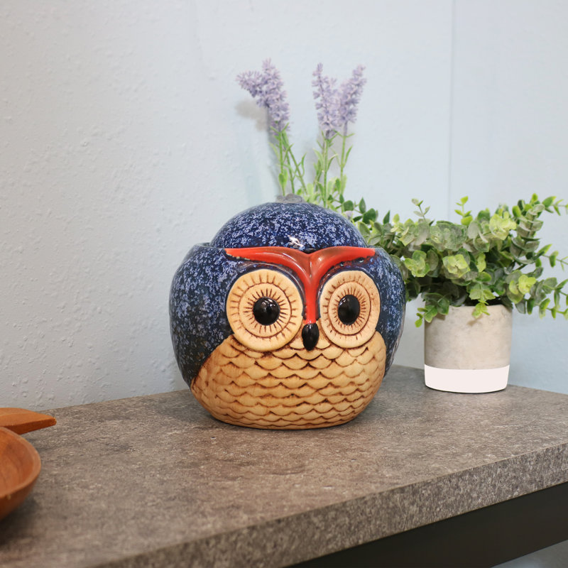 Whimsical Blue and Brown Ceramic Owl Tabletop Fountain